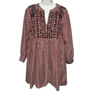 Velzera Red White Striped Embroidered Babydoll Style Dress Small